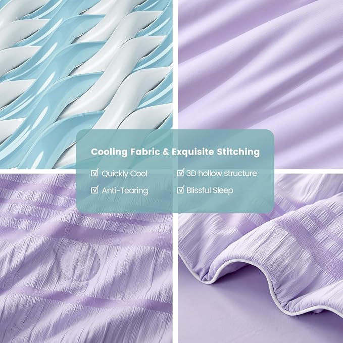 Cozy Bliss Seersucker Cooling Comforter Queen Size, Q-Max 0.45 Reversible Lightweight Cooling Blanket, Breathable Silk Smooth Summer Bedding Quilt for Hot Sleepers Night Sweats Purple