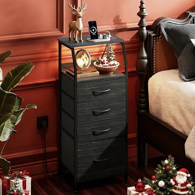 WLIVE Nightstand with Charging Station, Black Night Stand with LED Light, Tall 4 Drawer Dresser for Bedroom, 37" H Bedside Table with Fabric Storage Bins, Open Wood Shelf, Metal Frame