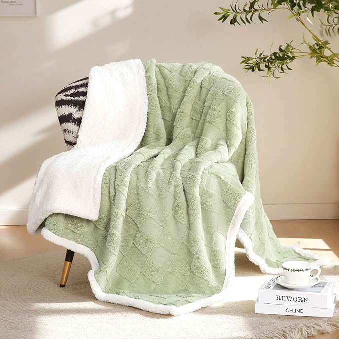 Sherpa Throw Blanket for Couch, Flannel Cozy Soft Thick Blanket for Bed - Fleece, Sage Green, 60x80 Inches
