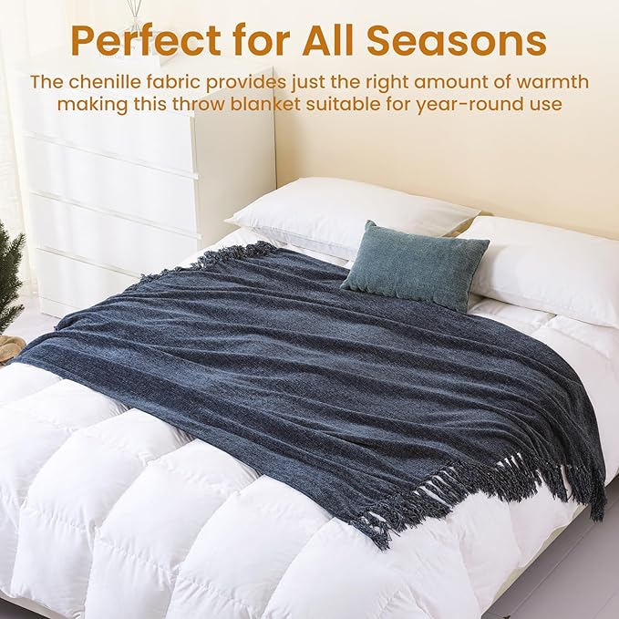 Navy Chenille Throw Blanket for Couch Bed，Soft Cozy Throw Blanket with Handmade Fringe, Decorative Blanket for Sofa Chair Living Room for Gift,Navy 50" x 60"