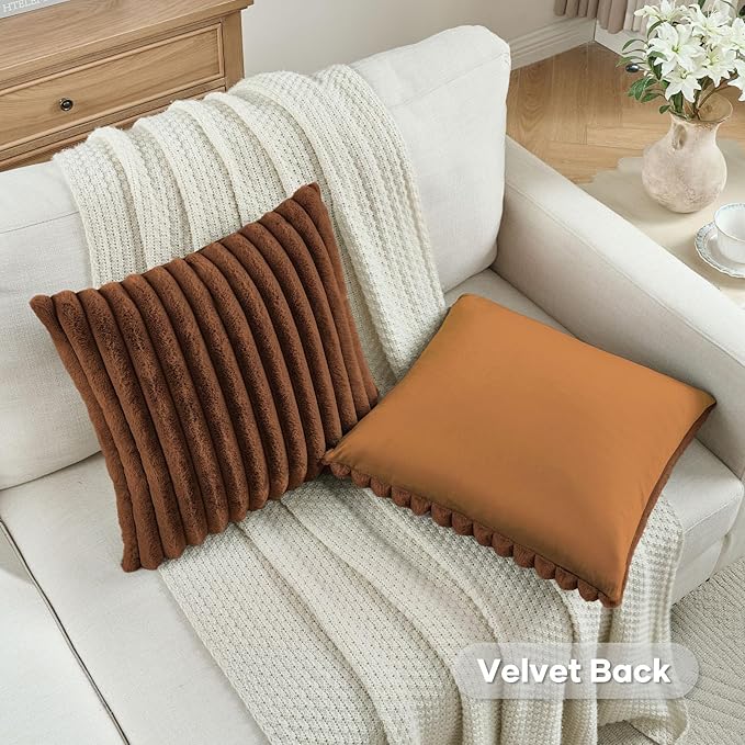 FUTEI Rust Decorative Throw Pillow Covers Set of 2, 22x22 Inch Soft Fluffy Faux Fur Plush Striped Cushion Cases, Modern Home Decor for Couch Bed Living Room