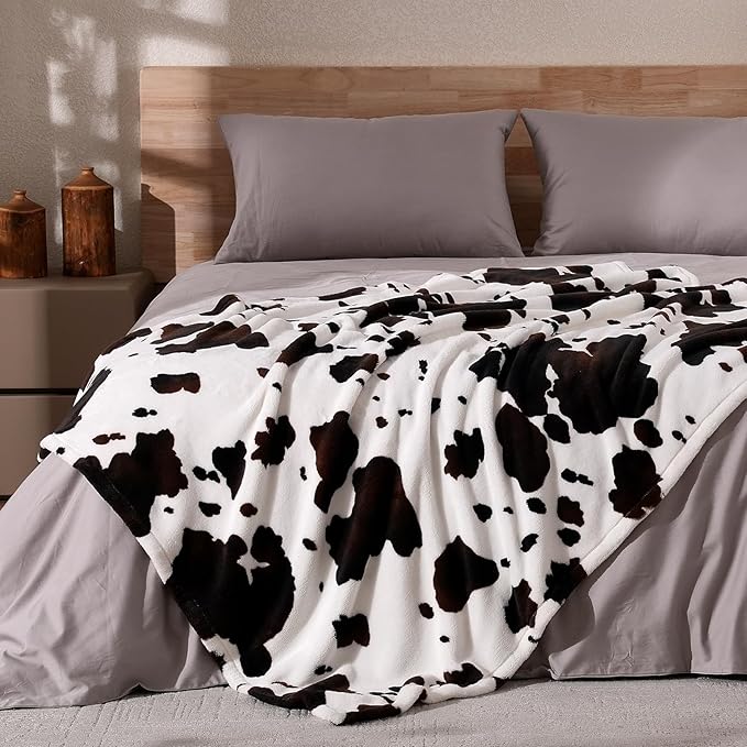 Cozy Bliss Cow Print Throw Blanket for Bed - Fuzzy Thick Soft Warm Fleece Blankets for Couch & Bed, for Women Men Girls Kids, Dark Brown Twin Size 60"*80"