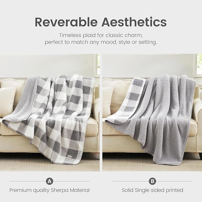 Cozy Bliss Luxury Sherpa Throw Blanket for Couch, Premium Reversible Buffalo Plaid Thick Throw, Warm Cozy Soft Blanket for Home and Gifts (Grey, 60" x 80")