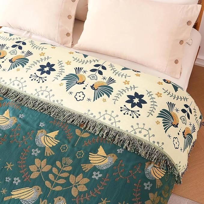 Boho Throw Blanket - 100% Cotton Soft Throw Blanket for Bed, 90"x90" Reversible Breathable Lightweight Spring Blankets, All Seasons Farmhouse Decor Floral Plant Bird Throw Quilt