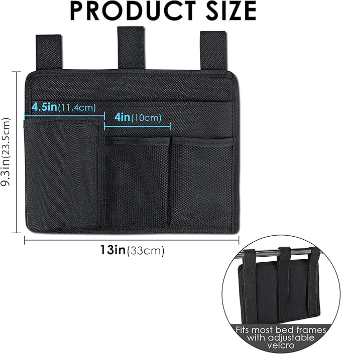 LUWOO Bedside Storage Caddy, 4 Pocket Hanging Organizer for Bunk, Hospital Beds, College Dorm, Bed Rails with Cup Holder, Bedside Caddy for Magazine, Phone, Remote Control (Black)