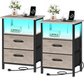 Vagusicc Night Stand Set 2, LED Nightstand with Charging Station, Bedside Table with USB Ports & Outlets, 24.2" Tall End Table with open Shelf, Bed Side Table with 2 Fabric Drawers for Bedroom, Greige