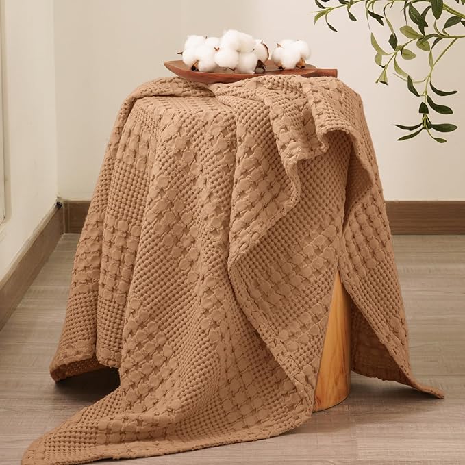 PHF 100% Cotton Waffle Weave Throw Blanket, Soft Lightweight Breathable Cozy Throws for Couch Bed Sofa, Luxury Aesthetic Blanket Gift for Home Decor & Office, 50"x60", Clay