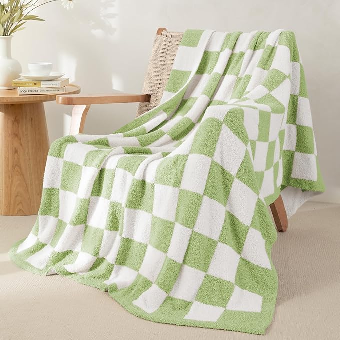 Whale Flotilla Checkered Knit Blanket Twin Size, Ultra Soft Warm Reversible Cozy Decorative Blankets for Couch Sofa and Bed, 60x80 Inch, Light Green