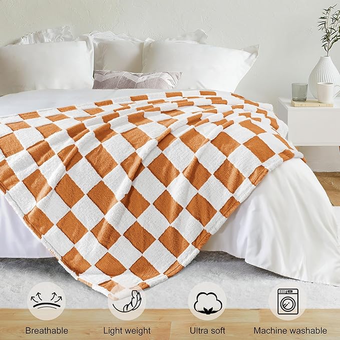 Exclusivo Mezcla Checkered Throw Blanket, Super Soft and Warm Fluffy Fleece Blanket for Couch, Sofa, Bed, Cute Plaid Pattern, Coral Orange, 50" x 60"