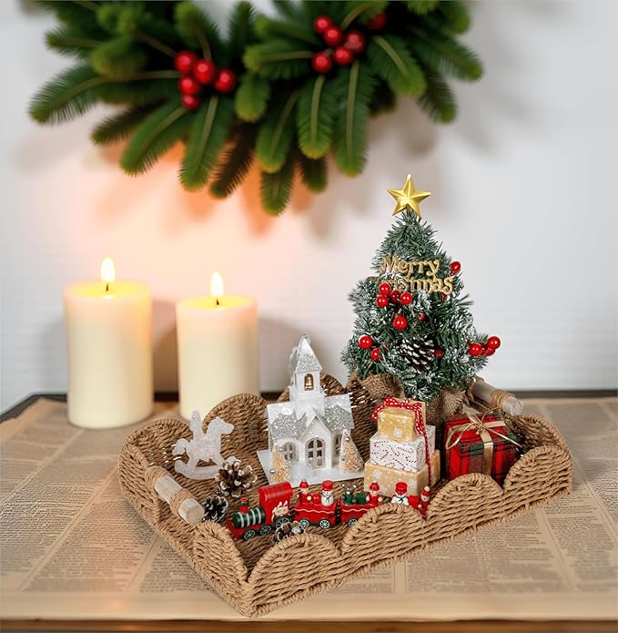 CubesLand Rectangle Scalloped Decorative Centerpiece Tray for Coffee Table, Home Decor, Living Room - Neutral Tray w/Wooden Handle – Warm and Elegant for Holidays, Housewarmings - Candle Plate Holder