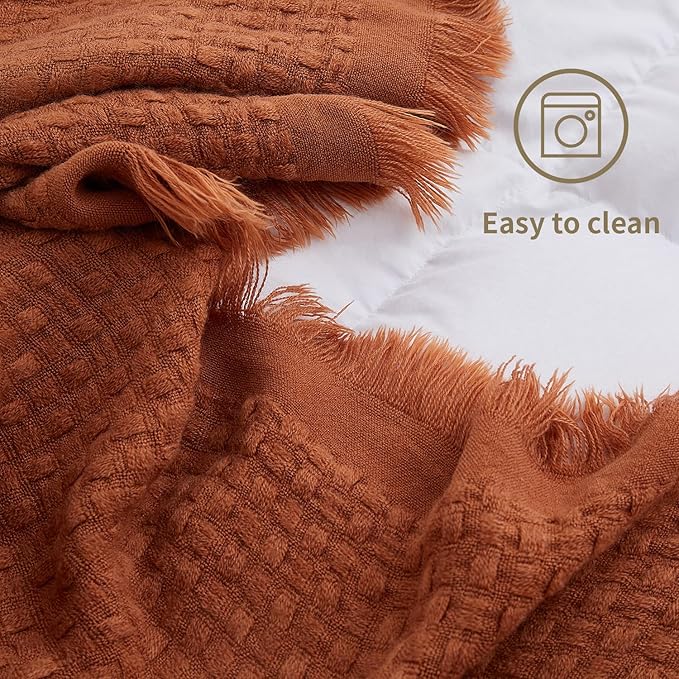 100% Acrylic Decorative Knitted Throw Blanket with Tassels for Bed, Couch, Small, Chairs, Lightweight, Soft, Cozy, Waffle Textured Blanket, Suitable for Spring, Summer, Rust, 50"x60"