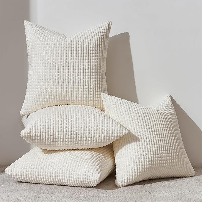 Topfinel 24x24 Inch Small Throw Pillow Covers Pack of 4 for Living Room Couch Bed Soft Corduroy Windmill Textured Boho Striped Patchwork Pillow Covers House Decor,Cream