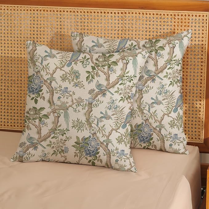 Blue Green Floral Bird Pillow Covers 20x20 Set of 2 Chinoiserie Throw Pillows Green Vintage Flowers Bird Decorative Pillow Cases Outdoor Chinoiserie Decor Farmhouse Cushion Case for Couch Sofa