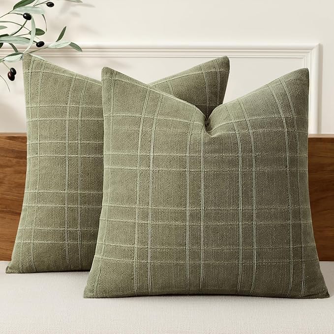 MIULEE Decorative Linen Check Throw Pillow Covers Neutral Farmhouse Vintage Spring Pillow Covers 18x18 Set of 2 Boho Modern Home Decor for Sofa Couch Bedroom Cushion Sage Green