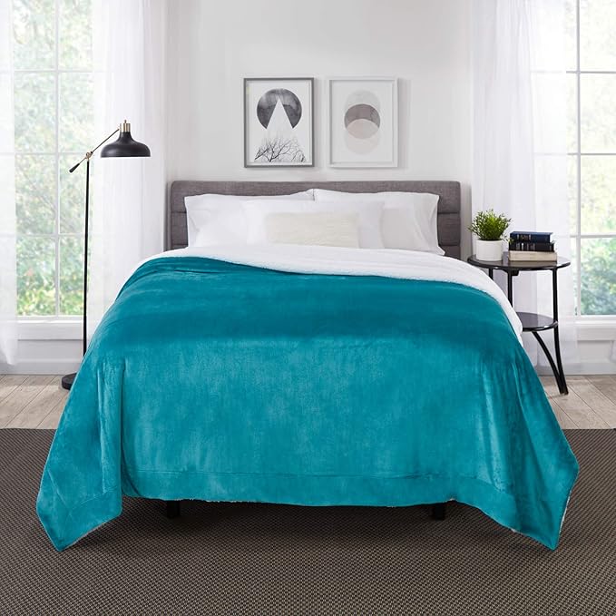 Genteele Sherpa Throw Blanket Super Soft Reversible Ultra Luxurious Plush Blanket, 102 x 90 inches, Teal/White