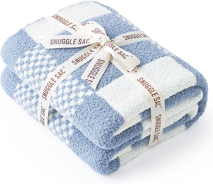 Snuggle Sac Checkered Blanket, Blue Throw Blanket for Couch Plaid Microfiber Fluffy Warm Fuzzy Cozy Soft Throw Blanket Reversible Checkerered Blankets for Sofa, Chair, Bed, 50x60 inches