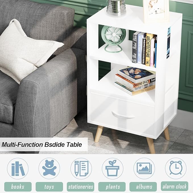 Night Stand, White Nightstand with Drawer, Side Table with Open Storage, 3-Tier Modern End Table, Bedside Table for Small Space, Living Room, Bedroom