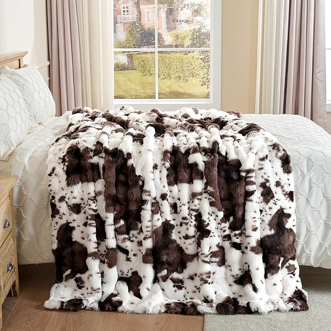 Wajade Fluffy Faux Fur Throw Blanket for Couch Bed 60x80, Luxury Soft Thick Fuzzy Plush Bubble Blanket, Warm Cozy Blanket for Sofa Chair Cow Print-Dark Brown