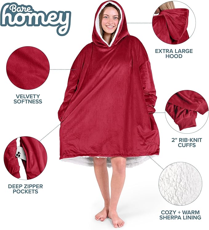 Bare Home Wearable Blanket Hoodie - Soft Plush Sherpa - Warm and Cozy - Oversized Wearable Blanket - Adult & Kid Sizes