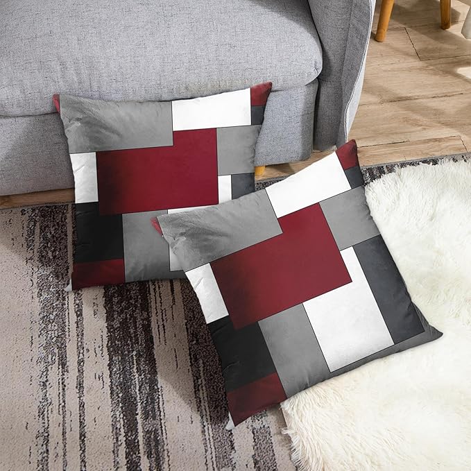 Emvency Set of 2 Burgundy Red Geometric Throw Pillow Cover Black Grey White Painting Abstract Checkered Design Decorative Pillow Case Modern Home Decor Standard Square 18x18 Inch Cushion Pillowcase
