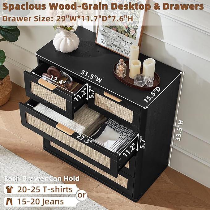 LEYAOYAO Rattan Dresser for Bedroom Set of 2, 33.5" Tall Chest of Drawers, Modern 5 Drawers Boho Dressers with Storage, Light Oak Dresser Wooden Closet Organizer for Living Room, Hallway, Black