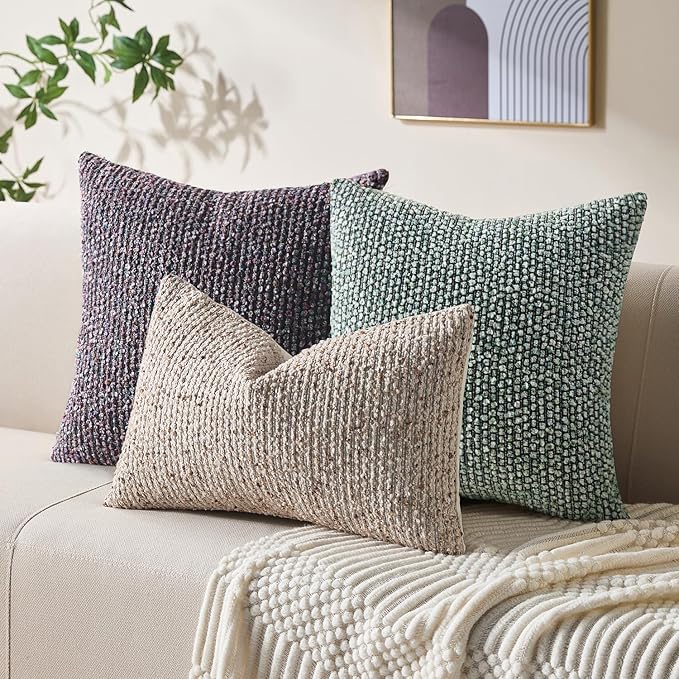 Allorry Decorative Couch Throw Pillow Covers 20x20 Set of 2 Purple Striped Soft Wool Pillow Covers Neutral Textured Boho Cushion Covers for Modern Farmhouse Sofa Bedroom Living Room Decor SY012-E20