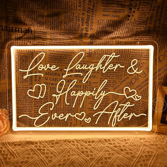 SYLHOME Led Neon Light Sign Love Laughter Happily Ever After Wedding Backdrop Home Bedroom Living Room Wall Sign Decor Birthday Christmas Party 15.75" X 9.84" USB