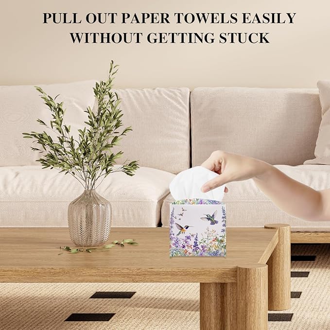 Floral Hummingbird Tissue Box Cover, Purple Tissue Holder Square with Bottom Belt for Home Bathroom Office Vanity Countertop, Housewarming Gifts Ideas for Women Friends Mom Bestie -08