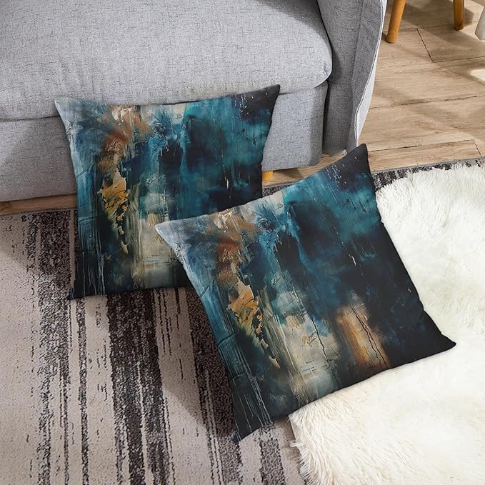 Britimes Throw Pillow Covers Modern Home Art Decor, 20 x 20 Inches Set of 2 Pillow Cases Decorative, Abstract Oil Painting Pillowcases for Bedroom, Living Room, Cushion Couch Sofa, Teal Black