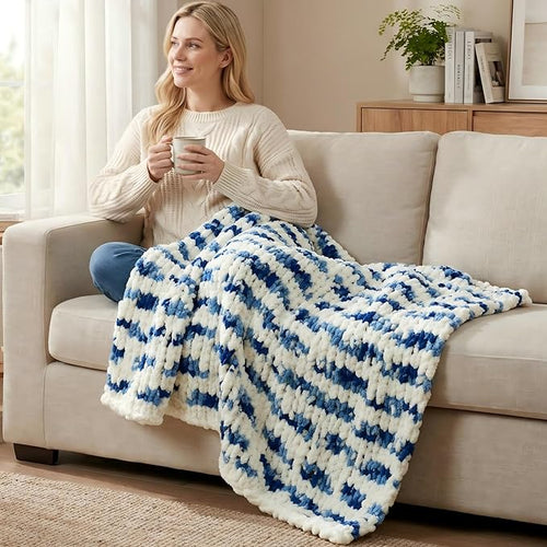 Amélie Home Chunky Knit Throw Blanket for Couch, Soft Chenille Crochet Blanket for Sofa, 50"x60", Space-Dyed Blue Striped