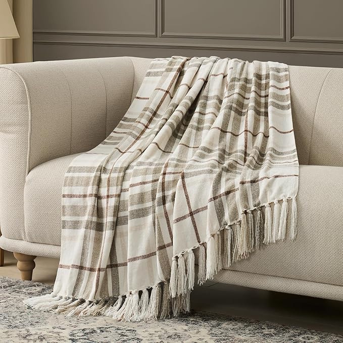EverGrace Plaid Chenille Bed Blanket Queen Size for Bed, Super Soft Cozy Decorative Farmhouse Plaid Throw with Tassels, Lightweight Chenille Knit Throw for Couch Sofa Gift Home Decor, Beige 90"x90"