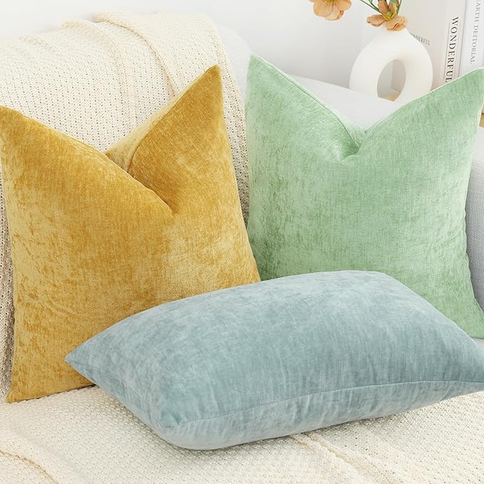 decorUhome Chenille Mineral Yellow Throw Pillow Covers 12x20 Inch Set of 2, Decorative Soft Couch Pillow Covers Solid Dyed Accent Farmhouse Neutral Rectangle Pillow Cases for Sofa