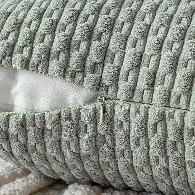 MIULEE Pack of 2 Decorative Throw Pillow Covers 16x16 Inch Soft Boho Striped Textured Corduroy Pillow Covers Modern Farmhouse Home Decor for Couch Bed Sofa Living Room Greyish Green