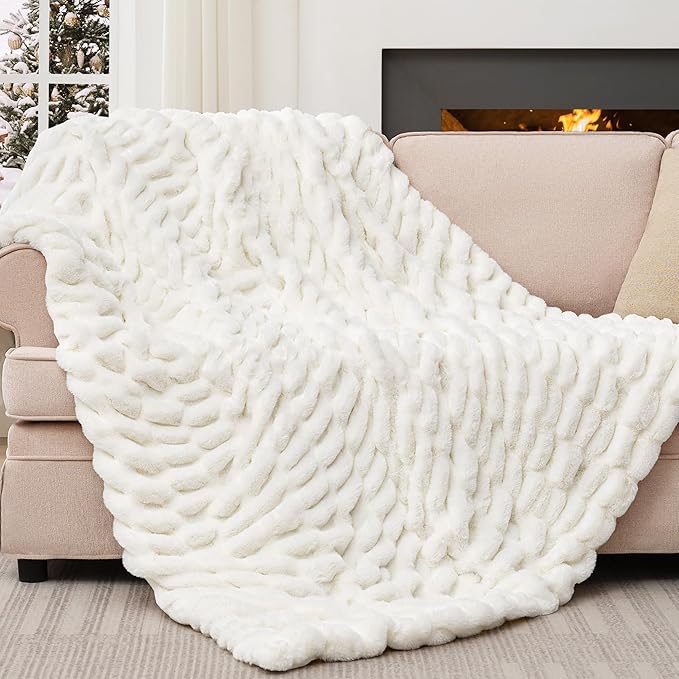 Touchat Ruched Faux Rabbit Fur Throw Blanket, 700 GSM Luxury Dual-Sided Soft Cozy Blanket, Fuzzy Fluffy Plush Blanket for Bed, Couch and Sofa - 50"x60", Cream White