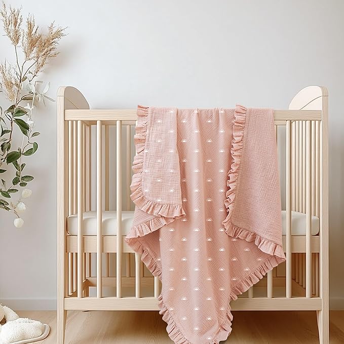 Konssy Flounce Muslin Baby Blanket for Girls Boys, 100% Cotton Soft Crib Swaddle Blankets, Reversible & Breathable Nursery Bedding for Newborns Toddlers, 40 x 36 Inches (Sun)