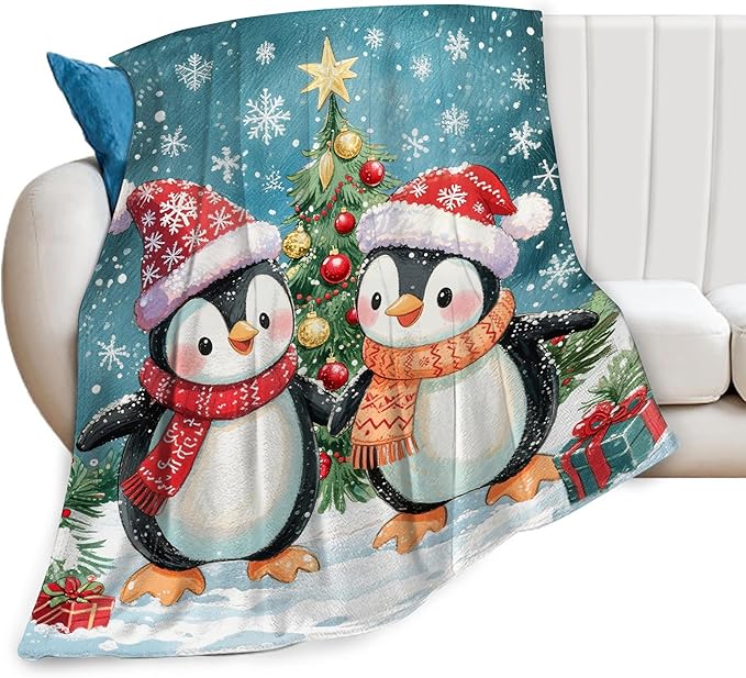 Penguin Throw Blanket - Soft Plush Fleece Christmas Winter Blankets- Cozy Penguin Stuff Gifts for Women Girls Kids 40"X50"
