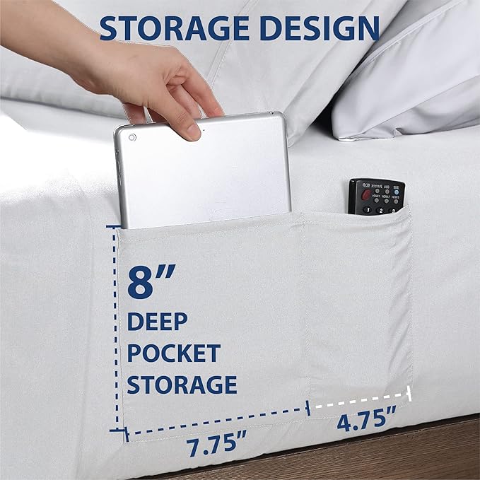 Swift Home Smart Sheets, Ultra Soft Brushed Microfiber 3-Piece Sheet Set, Fitted Bed Sheet with Side Storage Pockets – White, Twin