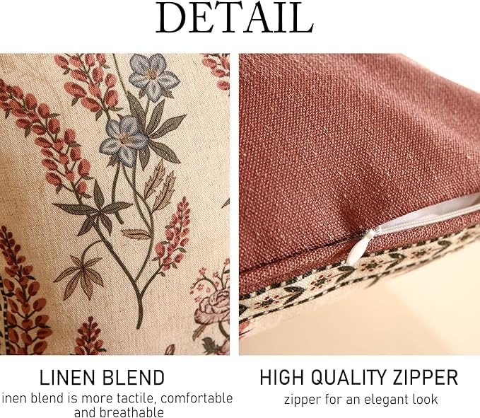ISAENNE Design Linen Vintage Throw Pillow Covers 18"x18" Pack of 2, Square Cushion Covers with Blue Pink Flowers Green Leaves Pattern Decoration Pillowcases for Bed,Living Room,Outdoor,Car