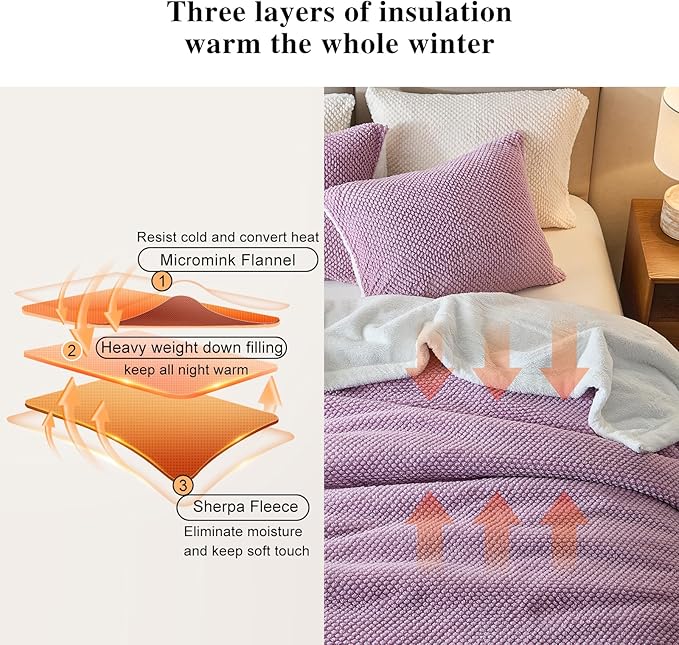 Luxury Flannel Fleece Sherpa Blankets Twin Size for Bed, Jacquard Boho 3-Layer Thick and Warm Blanket for Winter, Soft Cozy Fuzzy Plush Velvet Blanket with 2 Pillow Cases, Purple, 68x86 Inches