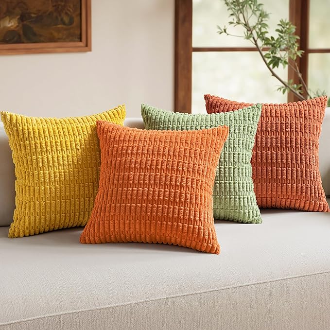 MIULEE Pack of 4 Spring Summer Western Boho Corduroy Decorative Throw Pillow Covers 18x18 Inch Modern Accent Soft Striped Pillow Covers Home Decor for Sofa Living Room Couch Bed Orange Green