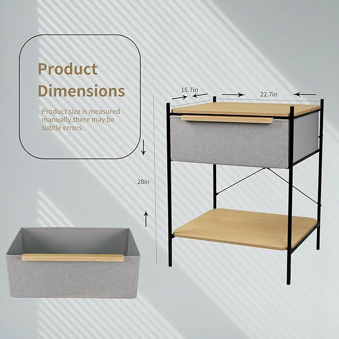 Modern Nightstand with 3-Tier Storage - Water-Resistant Shelves & Fabric Drawer, Sturdy Metal Frame Bedside Table for Bedroom, Dorm, Living Room, Light Gray