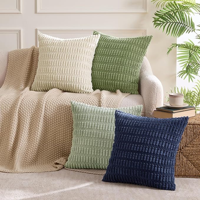 MIULEE Soft Corduroy Spring Throw Pillow Covers Set of 4 Green Blue 18x18 Inch Modern Farmhouse Boho Decorative Accent Cushion Covers for Couch Sofa Bedroom