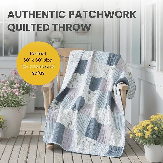 SLPR Cotton Quilted Throw Blanket, 50" x 60" Floral Farmhouse Patchwork Quilt, Shabby Chic Patchwork Throw Lap Quilt for Couch, Coastal Dream
