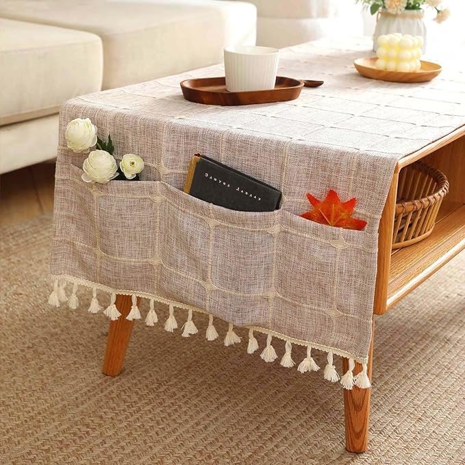 SIELUNO Rustic Farmhouse Rectangle Coffee Table Cover - Cotton Linen Waterproof Cloth With Pockets and Tassel for Living Room Decoration - Small Plaids - 20x60 Inch