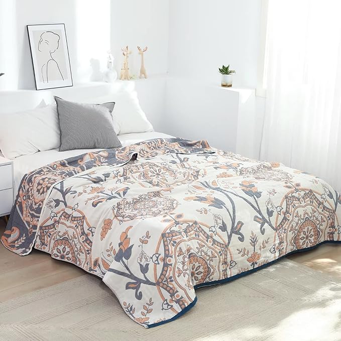 Boho Throw Blanket for Bed 100% Cotton Ultra Soft Rustic Quilt Spring Blanket Floral Farmhouse Decor Bed Blankets,60"x80" All Season Rustic Throw for Sofa Couch Chair