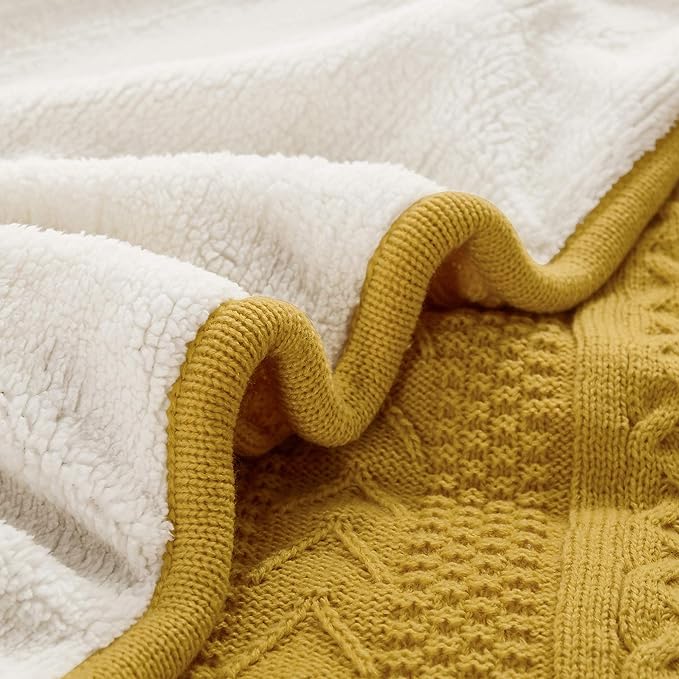 Longhui bedding Mustard Yellow 50 x 63 Inches Acrylic Cable Knit Sherpa Throw Blanket - Thick, Soft, Big, Cozy Yellow Knitted Fleece Blankets for Couch, Sofa, Bed - Large Yellow Coverlet All Season