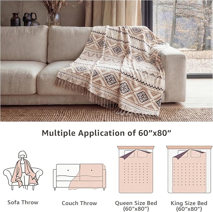 CASAAGUSTO Boho Throw Blanket - Brown White Decorative Blankets with Tassel, Printed Flannel Bohemian Blanket for Chair, Bed, Sofa, Couch(60 * 80, Brown White)