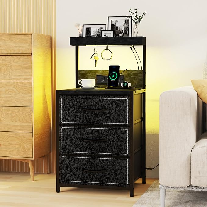LED Nightstand with Charging Station, Night Stand with 3 Drawers and Lights, Storage Side Table with Shelf and Hooks, Tall End Table for Bedside, Bedroom, Modern Black