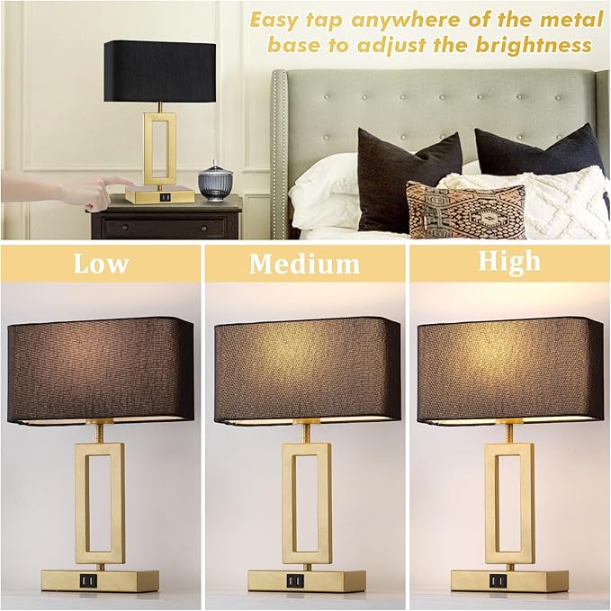 Black Table Lamps Set of 2 with Dual USB Ports,3-Way Dimmable Touch Control Bedside Lamps,Modern Bedroom Table Lamp for Living Room,Nightstand LED Bulbs Included