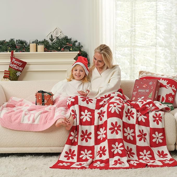 Snuggle Sac Checkered Blanket, Red Flower Throw Blanket for Christmas Couch Plaid Microfiber Fluffy Warm Cozy Fuzzy Soft Reversible Checkerered Blankets for Sofa, Chair, Bed, 50x60 inches